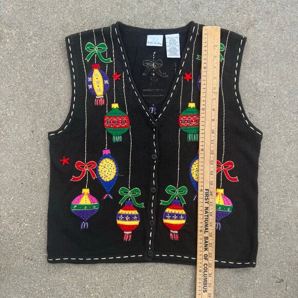 Vintage 90s Bobbie Brooks Christmas Ornaments Stars Sweater Vest Black LARGE - Picture 7 of 7
